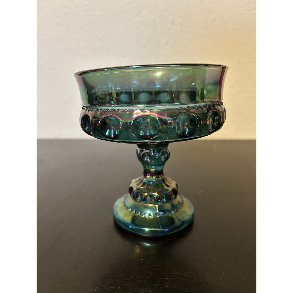 Blue Carnival Glass King's Crown Compote Indiana Glass Pedestal Bowl